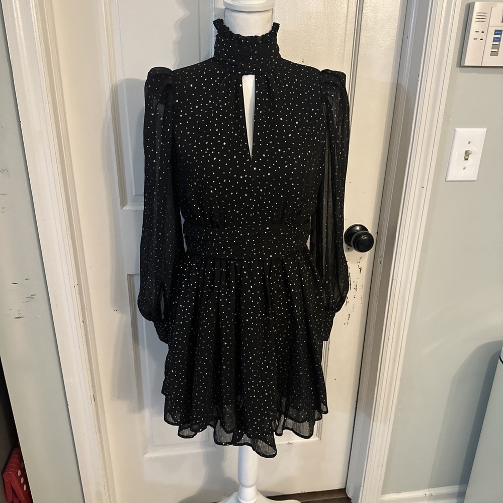 Aqua Star Foil Mini Dress Black/gold star Dress Medium Ruched Neck & Waist Goth